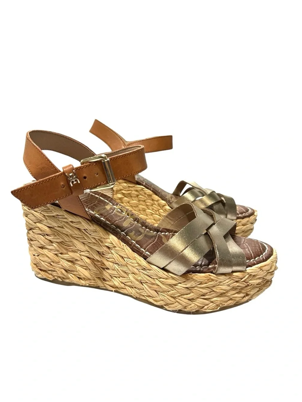 Sam Edelman Darline Metallic Gold Straw Braided Platform Wedge Sandals 7M